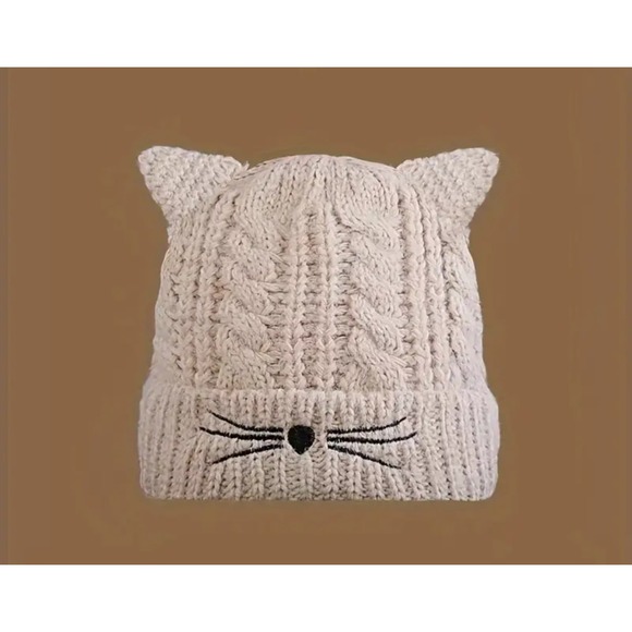 New!  Cream Cat Ear and Whisker Face  Beanie Stocking Cap Hat - Picture 1 of 3